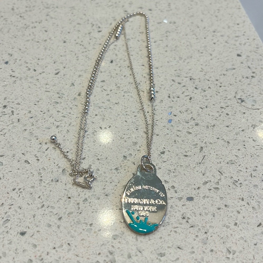 🌻HP🌻 Tiffany color Splash oval tag pendant & mixed bead chain necklace - Picture 3 of 5